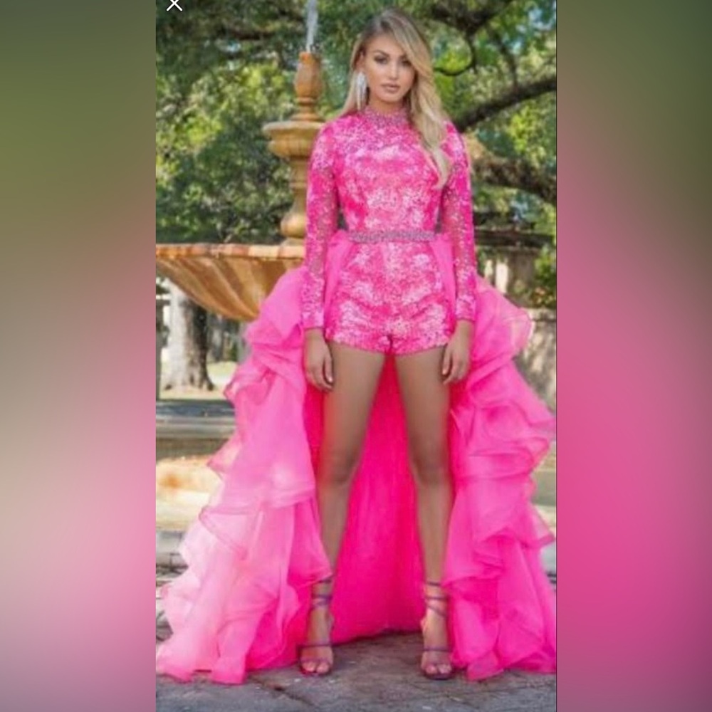 Hot Pink Sequin Romper with Dramatic Ruffled Train